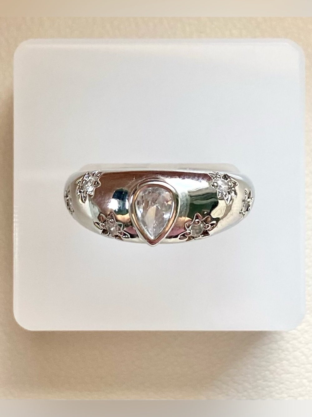 Silver Teardrop Cubic Zirconia Dome Ring